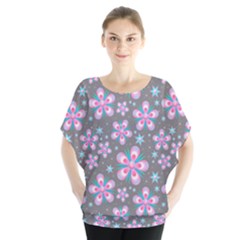 Seamless Pattern Flowers Pink Batwing Chiffon Blouse