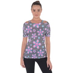 Seamless Pattern Flowers Pink Shoulder Cut Out Short Sleeve Top