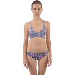 Seamless Pattern Flowers Pink Wrap Around Bikini Set