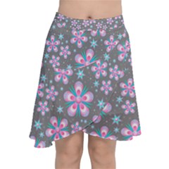 Seamless Pattern Flowers Pink Chiffon Wrap Front Skirt