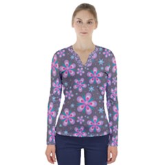 Seamless Pattern Flowers Pink V-neck Long Sleeve Top