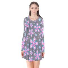 Seamless Pattern Flowers Pink Long Sleeve V-neck Flare Dress