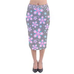 Seamless Pattern Flowers Pink Velvet Midi Pencil Skirt