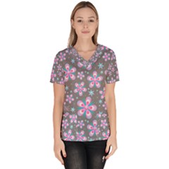 Seamless Pattern Flowers Pink Women s V-neck Scrub Top