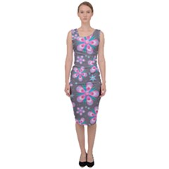 Seamless Pattern Flowers Pink Sleeveless Pencil Dress