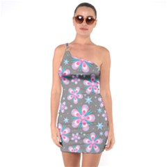 Seamless Pattern Flowers Pink One Soulder Bodycon Dress