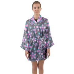 Seamless Pattern Flowers Pink Long Sleeve Kimono Robe