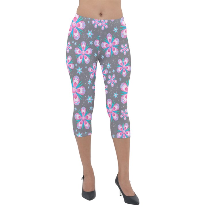 Seamless Pattern Flowers Pink Lightweight Velour Capri Leggings 