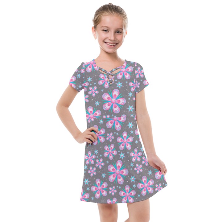 Seamless Pattern Flowers Pink Kids  Cross Web Dress