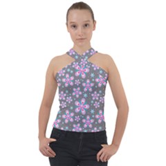 Seamless Pattern Flowers Pink Cross Neck Velour Top by HermanTelo