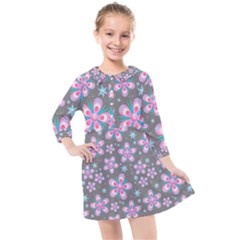 Seamless Pattern Flowers Pink Kids  Quarter Sleeve Shirt Dress