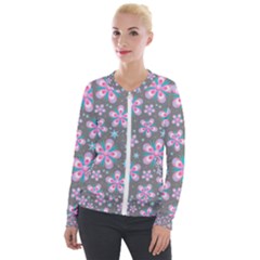 Seamless Pattern Flowers Pink Velour Zip Up Jacket by HermanTelo