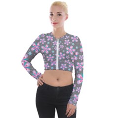 Seamless Pattern Flowers Pink Long Sleeve Cropped Velvet Jacket