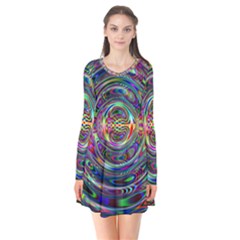 Wave Line Colorful Brush Particles Long Sleeve V-neck Flare Dress