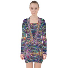 Wave Line Colorful Brush Particles V-neck Bodycon Long Sleeve Dress