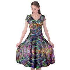 Wave Line Colorful Brush Particles Cap Sleeve Wrap Front Dress