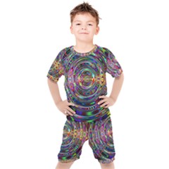 Wave Line Colorful Brush Particles Kids  Tee And Shorts Set