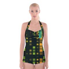 Abstract Plaid Boyleg Halter Swimsuit 