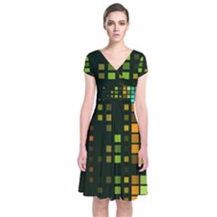 Abstract Plaid Short Sleeve Front Wrap Dress