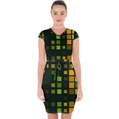 Abstract Plaid Capsleeve Drawstring Dress 