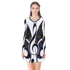 Butterfly Music Animal Audio Bass Long Sleeve V-neck Flare Dress by HermanTelo