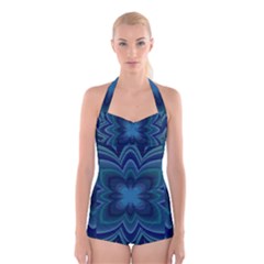 Blue Geometric Flower Dark Mirror Boyleg Halter Swimsuit 