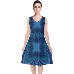 Blue Geometric Flower Dark Mirror V-neck Midi Sleeveless Dress 