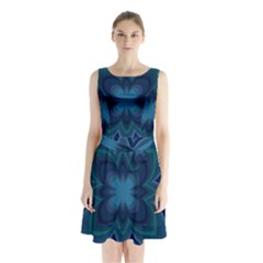 Blue Geometric Flower Dark Mirror Sleeveless Waist Tie Chiffon Dress