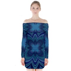 Blue Geometric Flower Dark Mirror Long Sleeve Off Shoulder Dress