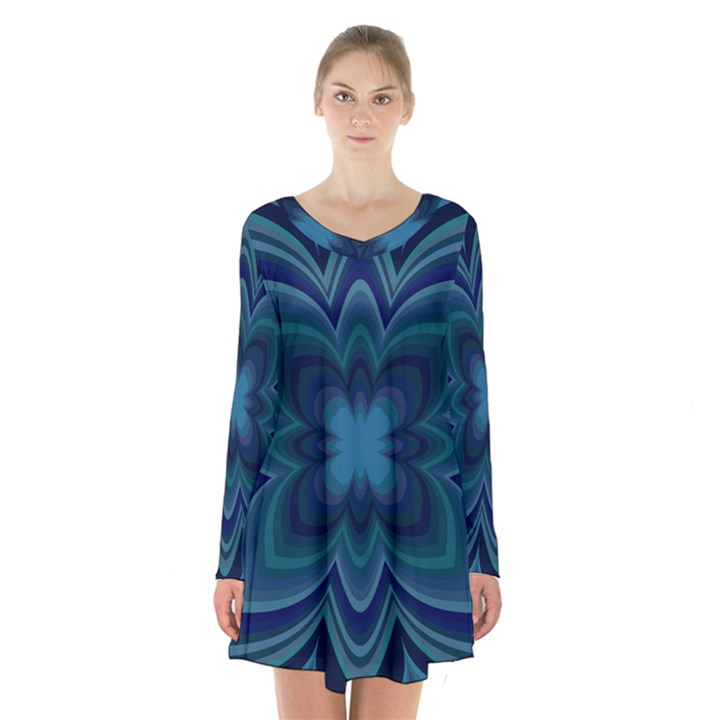 Blue Geometric Flower Dark Mirror Long Sleeve Velvet V-neck Dress