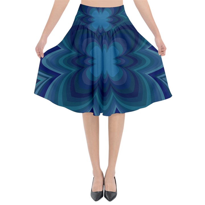 Blue Geometric Flower Dark Mirror Flared Midi Skirt