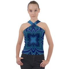 Blue Geometric Flower Dark Mirror Cross Neck Velour Top by HermanTelo