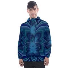 Blue Geometric Flower Dark Mirror Men s Front Pocket Pullover Windbreaker by HermanTelo