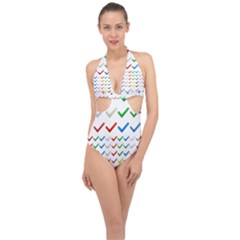 Confirm Button Metallic Metal Set Halter Front Plunge Swimsuit