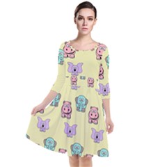 Animals Pastel Children Colorful Quarter Sleeve Waist Band Dress