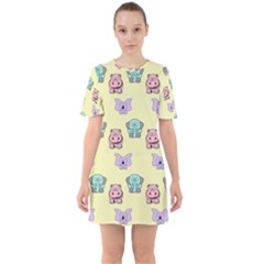 Animals Pastel Children Colorful Sixties Short Sleeve Mini Dress