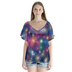 Abstract Background Graphic Space V-neck Flutter Sleeve Top by HermanTelo