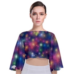 Abstract Background Graphic Space Tie Back Butterfly Sleeve Chiffon Top