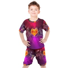 Flame Heart Smoke Love Fire Kids  Tee And Shorts Set