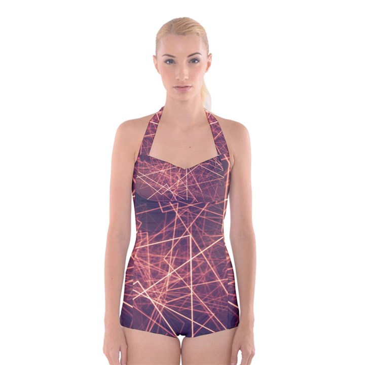 Light Fiber Black Fractal Art Boyleg Halter Swimsuit 