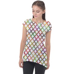 Grid Colorful Multicolored Square Cap Sleeve High Low Top