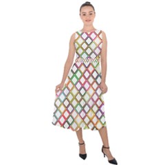 Grid Colorful Multicolored Square Midi Tie-back Chiffon Dress