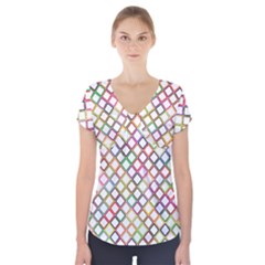 Grid Colorful Multicolored Square Short Sleeve Front Detail Top