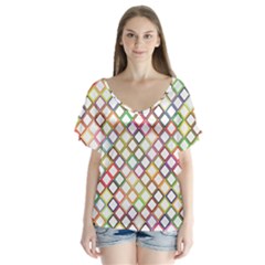 Grid Colorful Multicolored Square V-neck Flutter Sleeve Top by HermanTelo