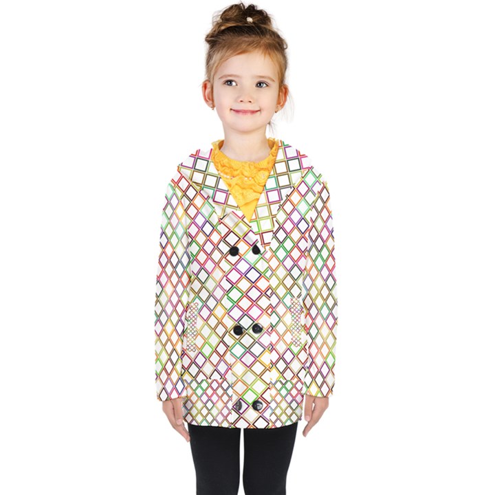 Grid Colorful Multicolored Square Kids  Double Breasted Button Coat