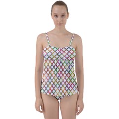 Grid Colorful Multicolored Square Twist Front Tankini Set