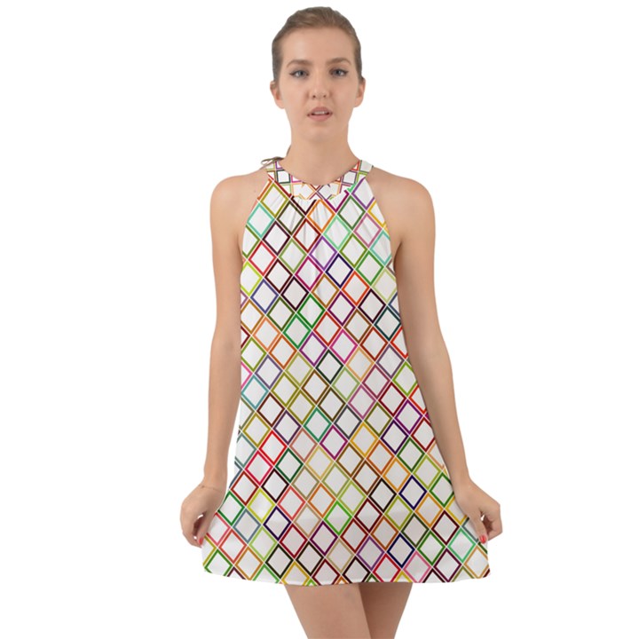 Grid Colorful Multicolored Square Halter Tie Back Chiffon Dress