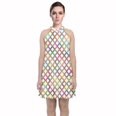 Grid Colorful Multicolored Square Velvet Halter Neckline Dress 