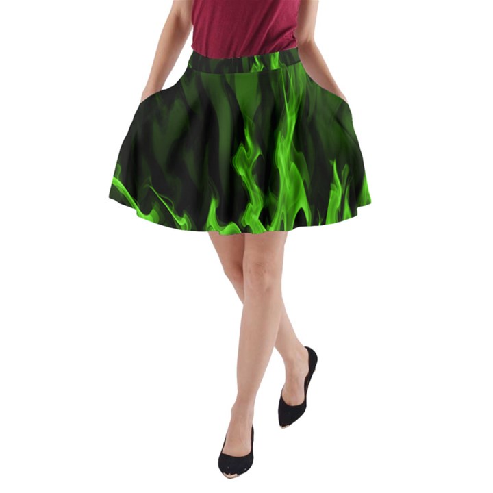 Smoke Flame Abstract Green A-Line Pocket Skirt