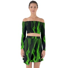 Smoke Flame Abstract Green Off Shoulder Top With Skirt Set